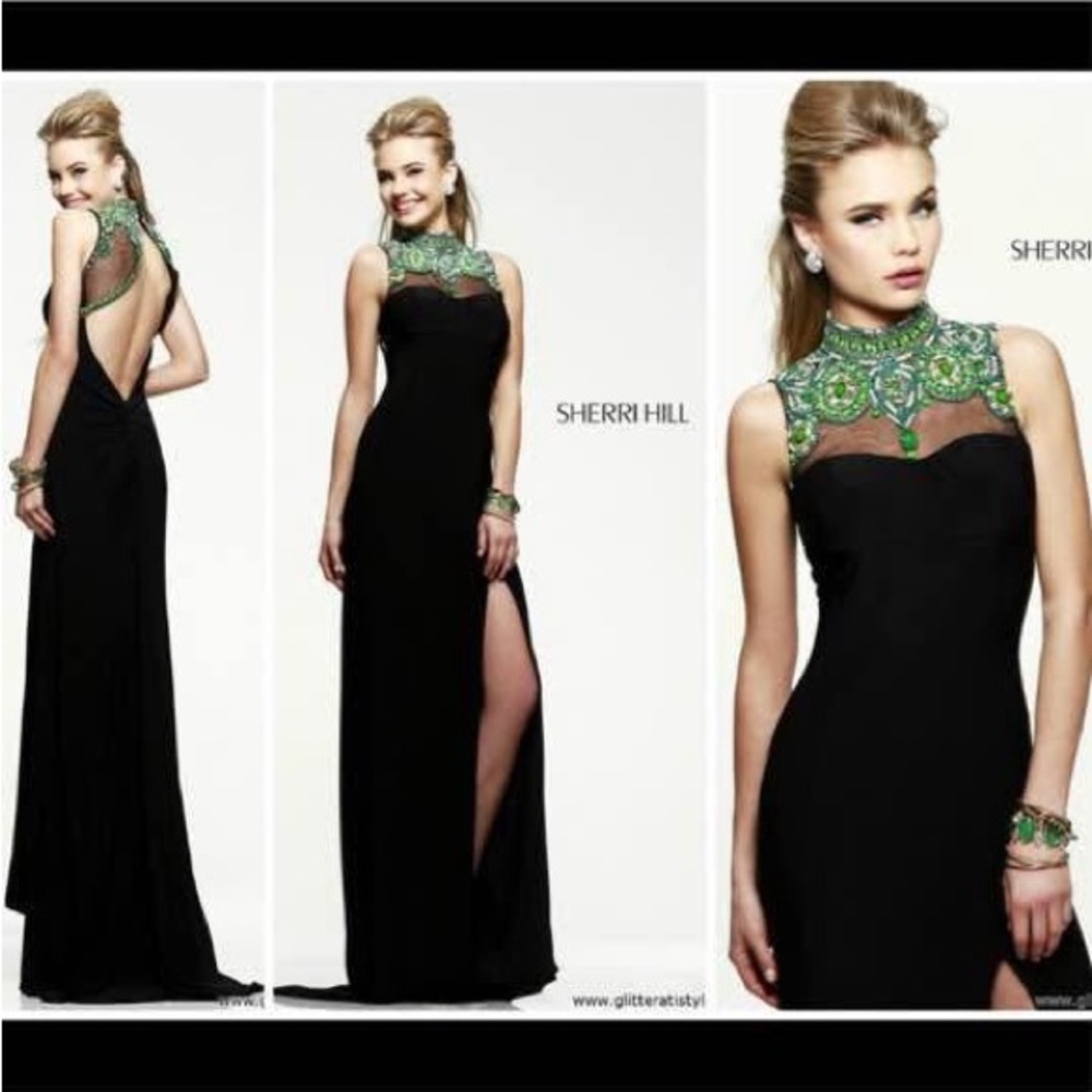 Sherri Hill Black Dress with Green Accents